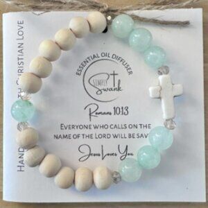 Simply Swank Bracelet - stretchy 7” - Raw Wood, Mint Jade